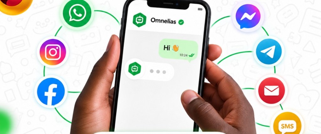Customer chatting with OMNELIAS on a phone, surrounded by WhatsApp, Instagram, Messenger and other channels