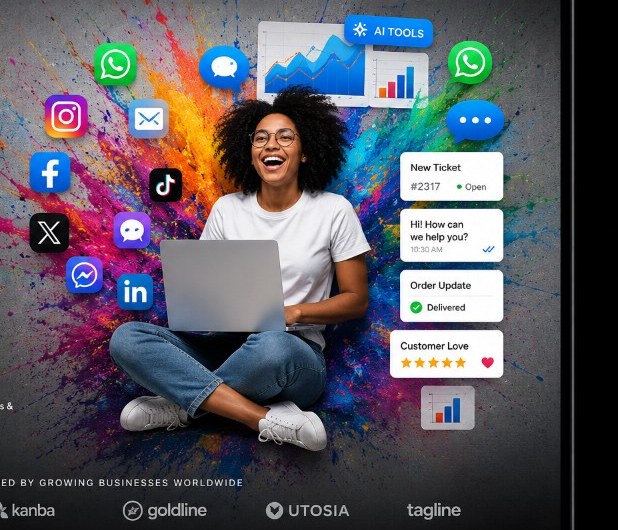 Specialist collaborating on a laptop amid colorful customer-channel energy