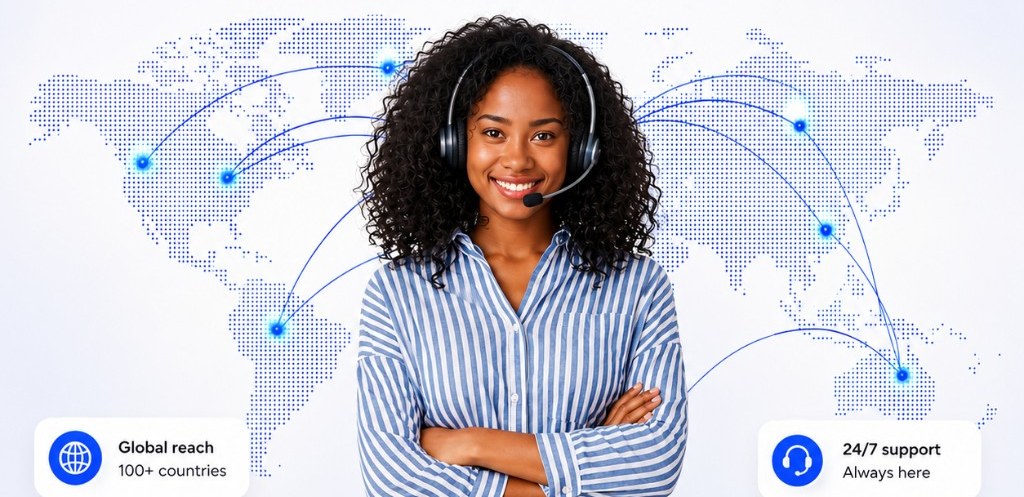 Voice specialist on a headset, connected to customers worldwide